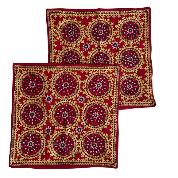 Uzbek Suzani Embroidered Pair Silk Pillow Covers 17x16 Inch Medallion Crystals